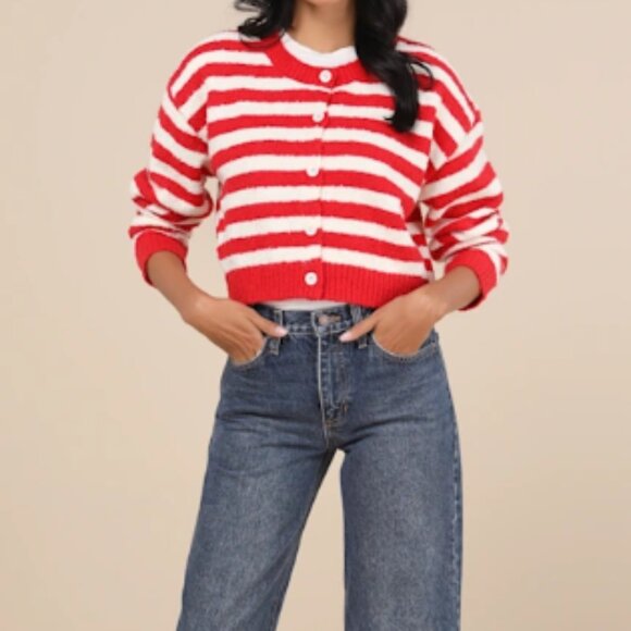 Cutest and Coziest Red and White Striped Crew Neck Cardigan Lulus - Picture 3 of 4